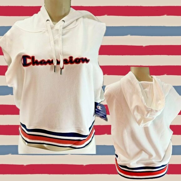 Champion XL Logo White Striped Accent Raw Edge Sleeveless Crop Drawstring Hoodie - Picture 1 of 6